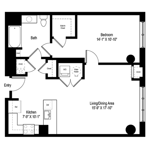 Floor plan for 1 bed, 1 bath, 853 sqft